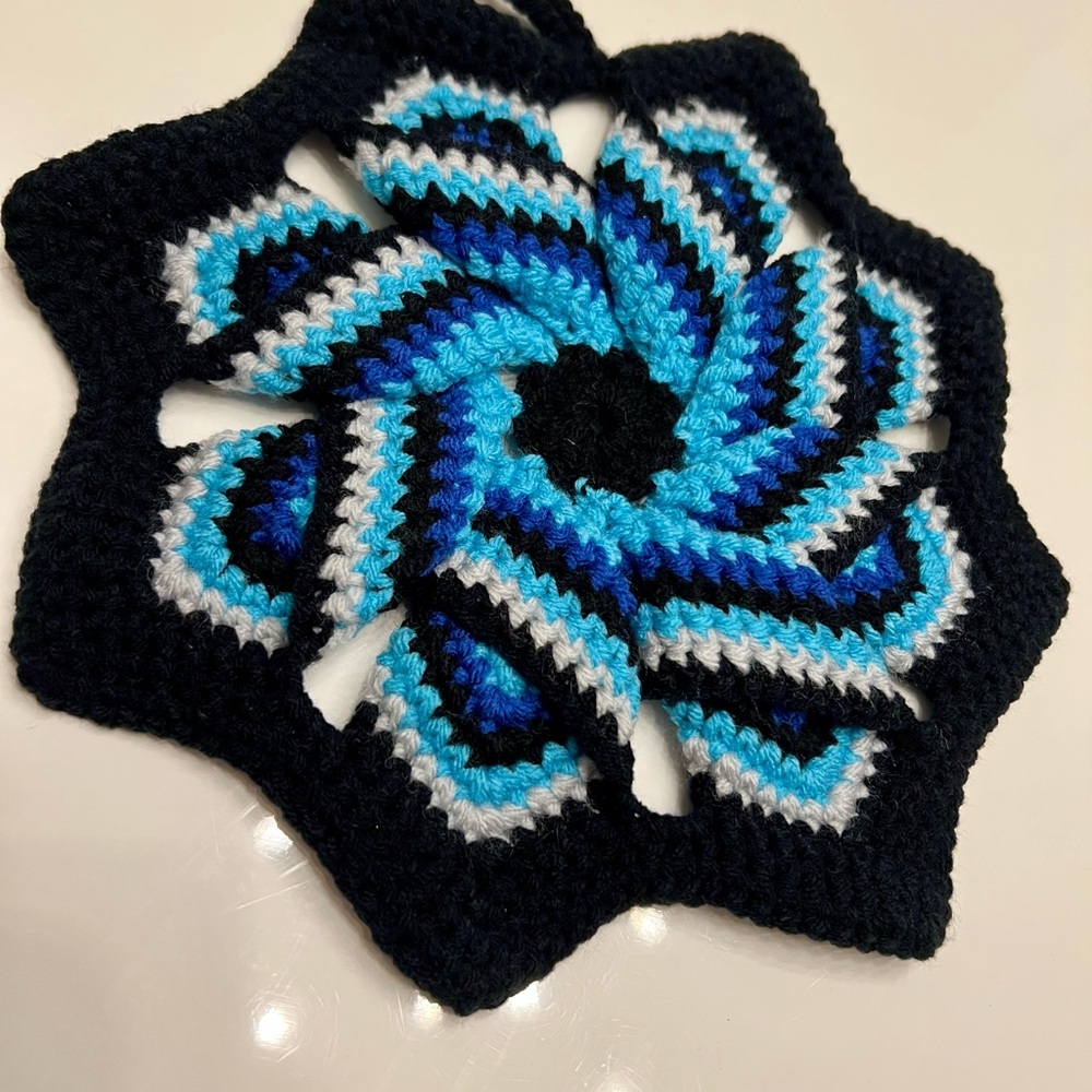 Handmade Crocheted Spiral Trivet in Black, Blue, Teal & White